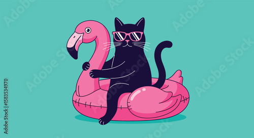 Cool black cat with sunglasses rides a pink flamingo float on a teal background