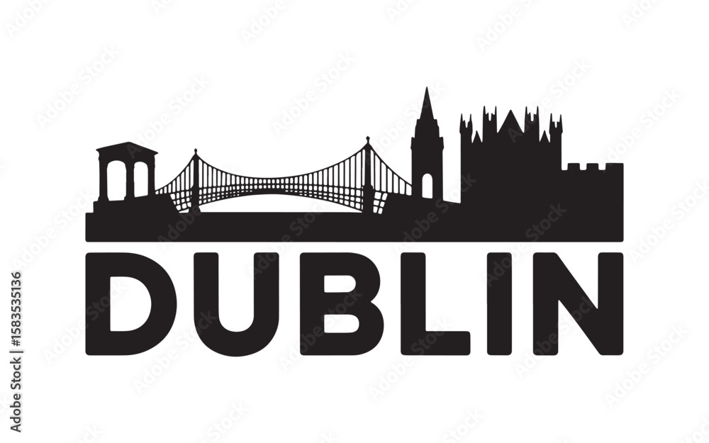 Obraz premium Dublin Skyline Silhouette Graphic Depiction of Notable Architecture a Modern Black and White Design Displaying Urban Identity and Cityscape