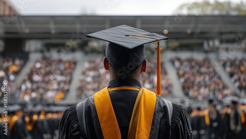 close-up of the back view, man wearing a black and gold graduation cap and gown stands in front of an open-air auditorium filled with other students at their ceremony, blurred background Generative AI