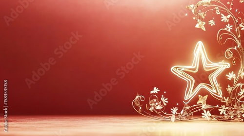 Golden star amongst ornate red floral design