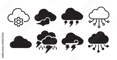 Cloud icon set. thunder icon, weather icon black color on white background,  large pack of vector silhouette design. vector illustration eps10