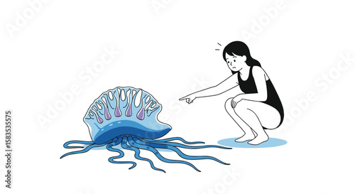 Young woman discovering dangerous blue jellyfish on sandy beach encountering ocean marine life