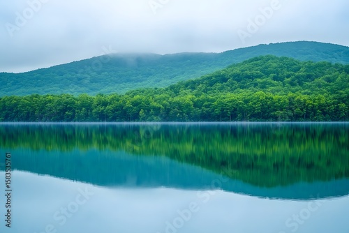 Serene Lake Landscape with Lush Green Hills and Misty Atmosphere at Dawn