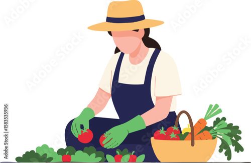 Harvest Season Woman Farmer Gathering Fresh Produce in a Basket from Her Garden for a Healthy Lifestyle