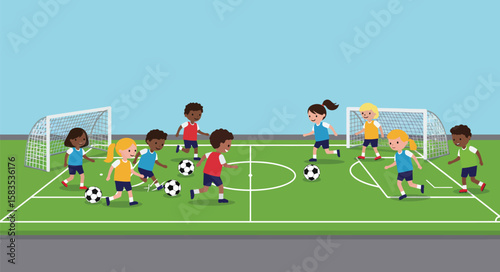Diverse group of happy children playing soccer on a green field with two goals under a clear sky.