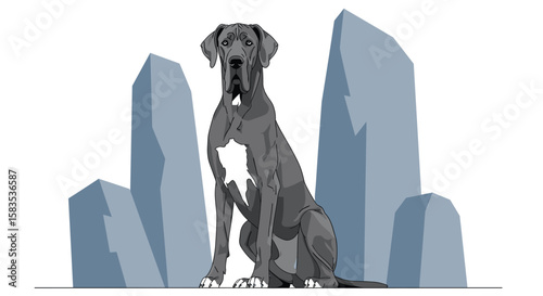Majestic great dane sentinel guarding ancient stone pillars with noble poise and dignified stature