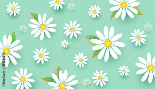 floral seamless pattern featuring white camomiles flowers on a soft green background, perfect for spring and summer designs.