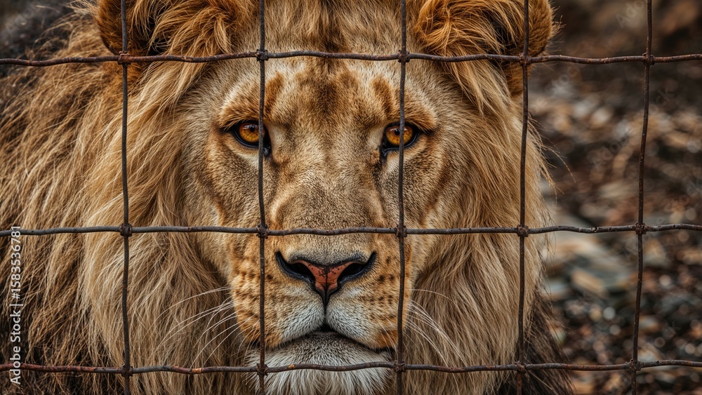 Naklejka premium Lion's face captured through a mesh barrier