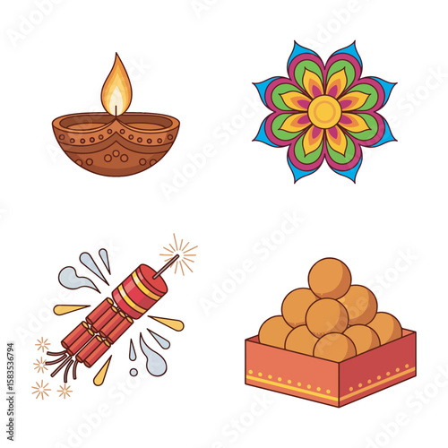 Diwali Festive Icons:  Colorful Flat Design,  Celebration Mood,  Traditional Sweets,  Candles, and Fireworks.
