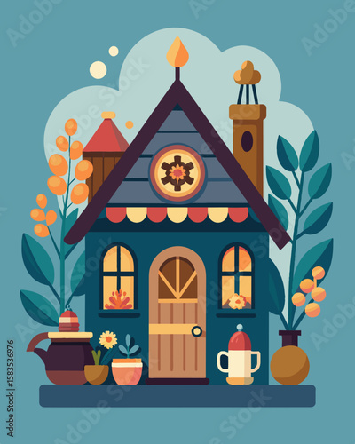 The cottage is adorned with beautiful handcrafted decor adding a personal touch to the space.. Vector illustration