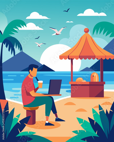 In a cabana by the water a digital nomad types away at their keyboard while sipping on a fresh fruit smoothie. The only sounds are the crashing waves and occasional seabirds flying. Vector