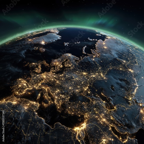 Nighttime satellite image of Earth with visible aurora borealis and radiant urban networks, ideal for themes of geography, civilization, and natural cosmic phenomena