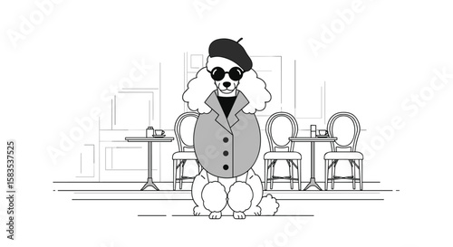 Chic french poodle in stylish parisian cafe attire enjoying a coffee break