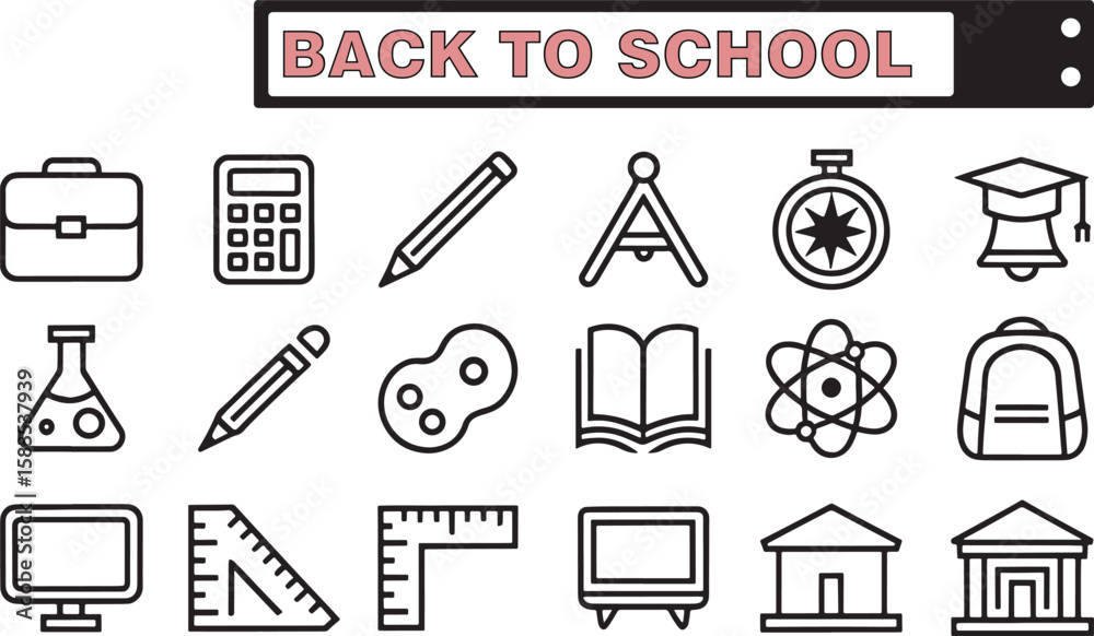 Fototapeta premium Back to School Vector Icon Set Line Style Educational Supplies and Elements. Back to School Icons, Line Style Education Set, Learning Essentials Pack, School Supply Vector, Academic Outline Icons