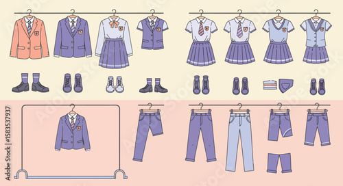Illustration of various school uniforms and casual wear, including blazers, skirts, shirts, trousers, and shoes, neatly arranged.