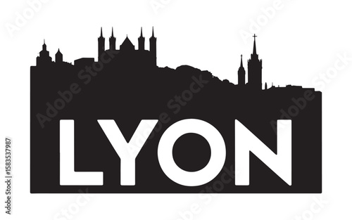 Lyon Cityscape Silhouette with Bold Typography Modern Graphic Design Celebrating French Urban Beauty and Architectural Landmarks Creates Visual Appeal