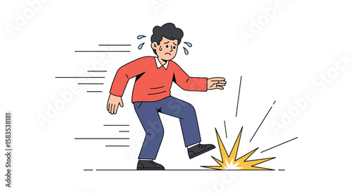 Man stumbles over obstacle while walking experiencing discomfort and pain