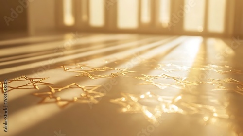 Golden star patterns on a light beige surface bathed in sunlight