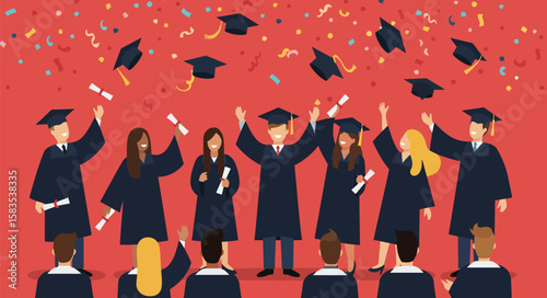 Graduates celebrate their academic achievement, tossing caps and holding diplomas with joy.