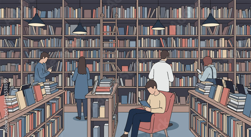 People browsing and reading in a vintage library with tall bookshelves and ladders