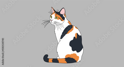 A detailed illustration of a tri-colored cat sitting and looking sideways
