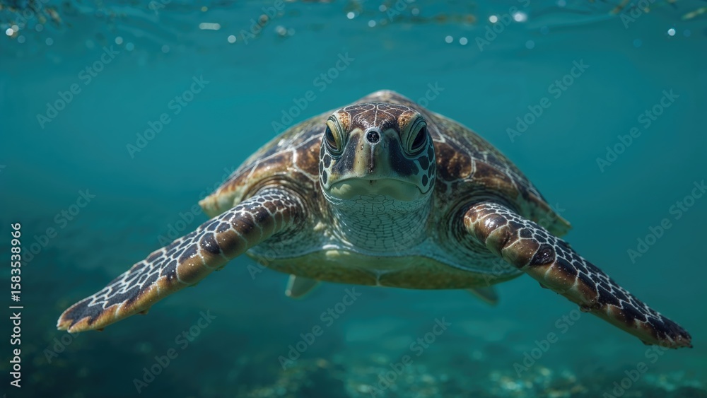 Fototapeta premium Macro image of a tiny turtle gliding through water