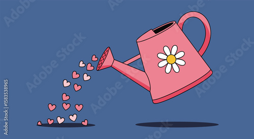 A pink watering can pours out a cascade of pink hearts and tiny flowers symbolizing love and growth
