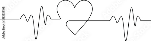 Heart and Heartbeat Symbol for Well Being and Good Health. Continuous Line Art of Love and Vital Sign