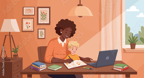 A mother assists her young child with schoolwork at a desk in a warm, inviting home setting.