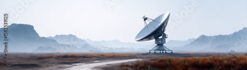 A large satellite dish antenna stands in a barren landscape with distant mountains under a cloudy sky, symbolizing communication or space exploration.