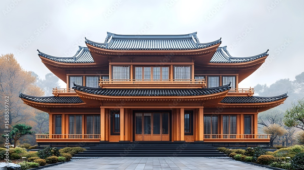Obraz premium Elegant Japanese pagoda style house in a serene setting