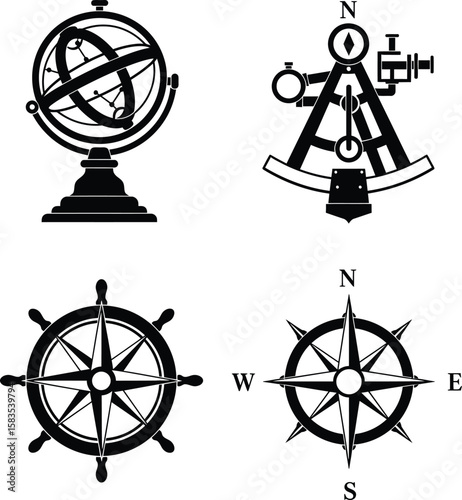 Nautical navigation tools collection silhouette isolated on white background