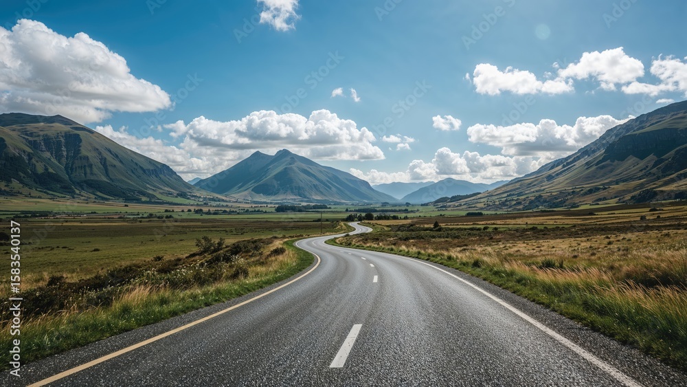 Naklejka premium Expansive view of a picturesque roadway winding through green terrain.