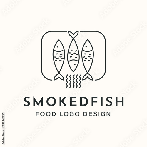smoke fish line art logo vector minimalist illustration design, seafood fish logo design