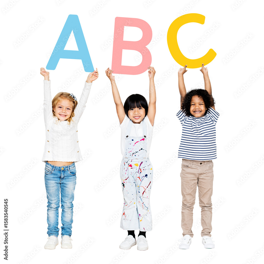 Obraz premium Diverse kids png sticker, learning ABC, education design in transparent background