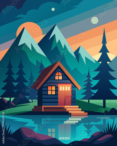 The secluded cabin serves as a tranquil retreat from the stress and chaos of city life bringing a muchneeded sense of calm to the workday.. Vector illustration