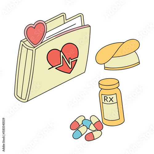 Medical health record book with heart and pulse pills and rx bottle isolated on white background