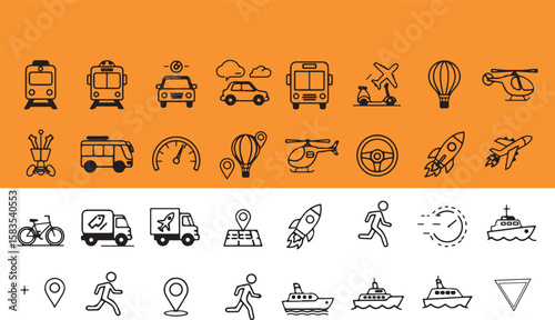 Black and white transportation icons representing various modes of travel and movement on orange background