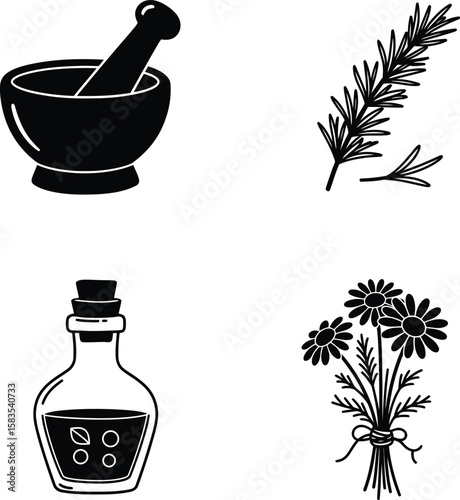 Herbal remedies mortar pestle rosemary oil bottle and daisy flowers silhouette isolated on white background