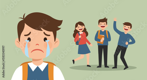 A sad boy with tears on his face stands apart while other happy students laugh and celebrate together in the background.