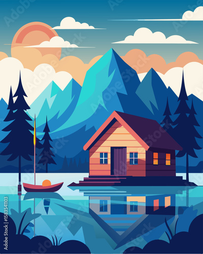 In this idyllic fishing cabin you can work remotely with a serene view of the glistening lake providing the perfect backdrop for a productive and peaceful day.. Vector illustration