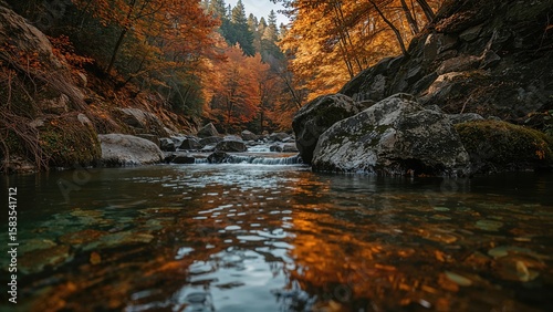 Fototapeta Naklejka Na Ścianę i Meble -  Scenic view of a rocky riverside amid colorful fall woods