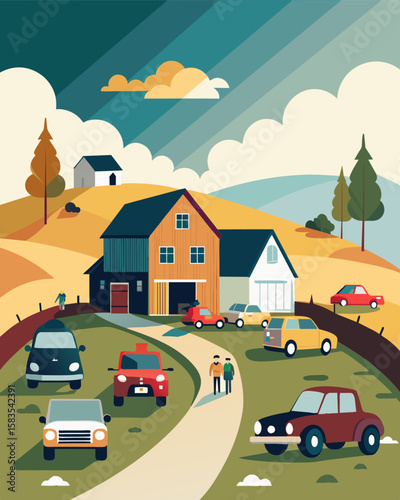 The gravel driveway of a farmhouse is filled with the cars of fellow freelancers who have gathered for a productive work day together.. Vector illustration