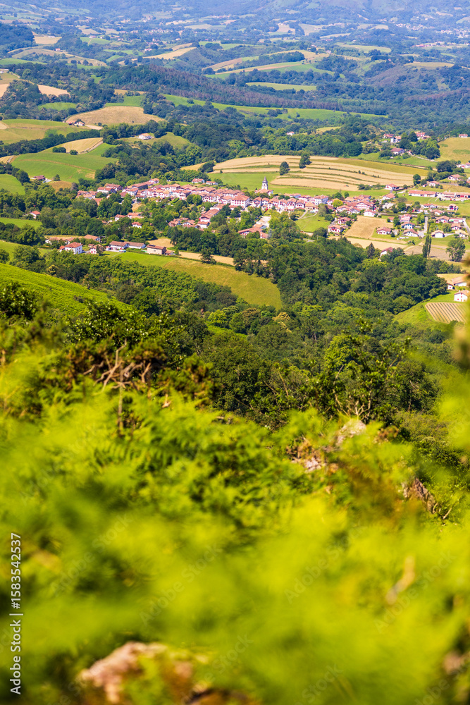 Obraz premium Traditional Basque Village of Ainhoa Seen from the Hill of the Three Crosses