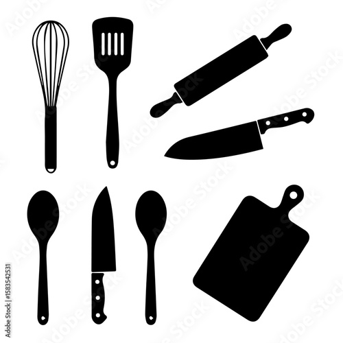 Black silhouette kitchen utensils including whisk spatula rolling pin knives spoons and cutting board