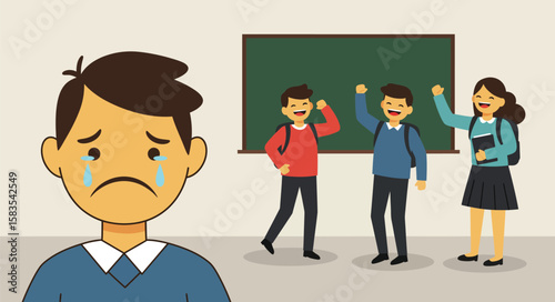 A sad student surrounded by joyful classmates in a classroom setting.