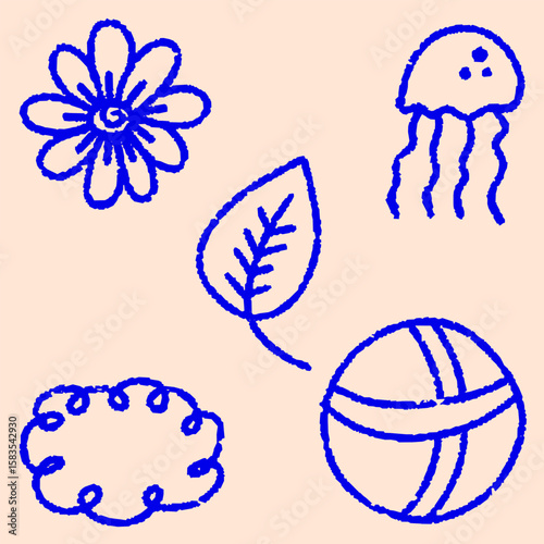 Fun summer beach vector set with hand drawn summer doodle icons, crayons and chalk vacation elements