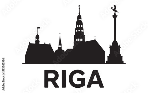 Silhouette of Riga Skyline A Captivating Vector Art Piece Featuring Landmark Buildings and a Bold Riga Text Emblem in Solid Black