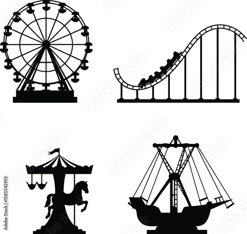 Collection of amusement park rides silhouette isolated on white background
