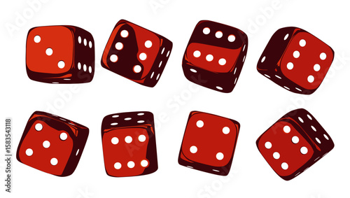 Red dice set on isolated background. Random rolling dice cubes. Glossy roll cubes for gamble games. 3d rendering